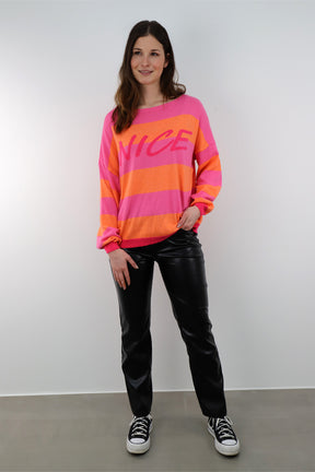 Pullover mit Streifenoptik und Druck - Pink/Orange