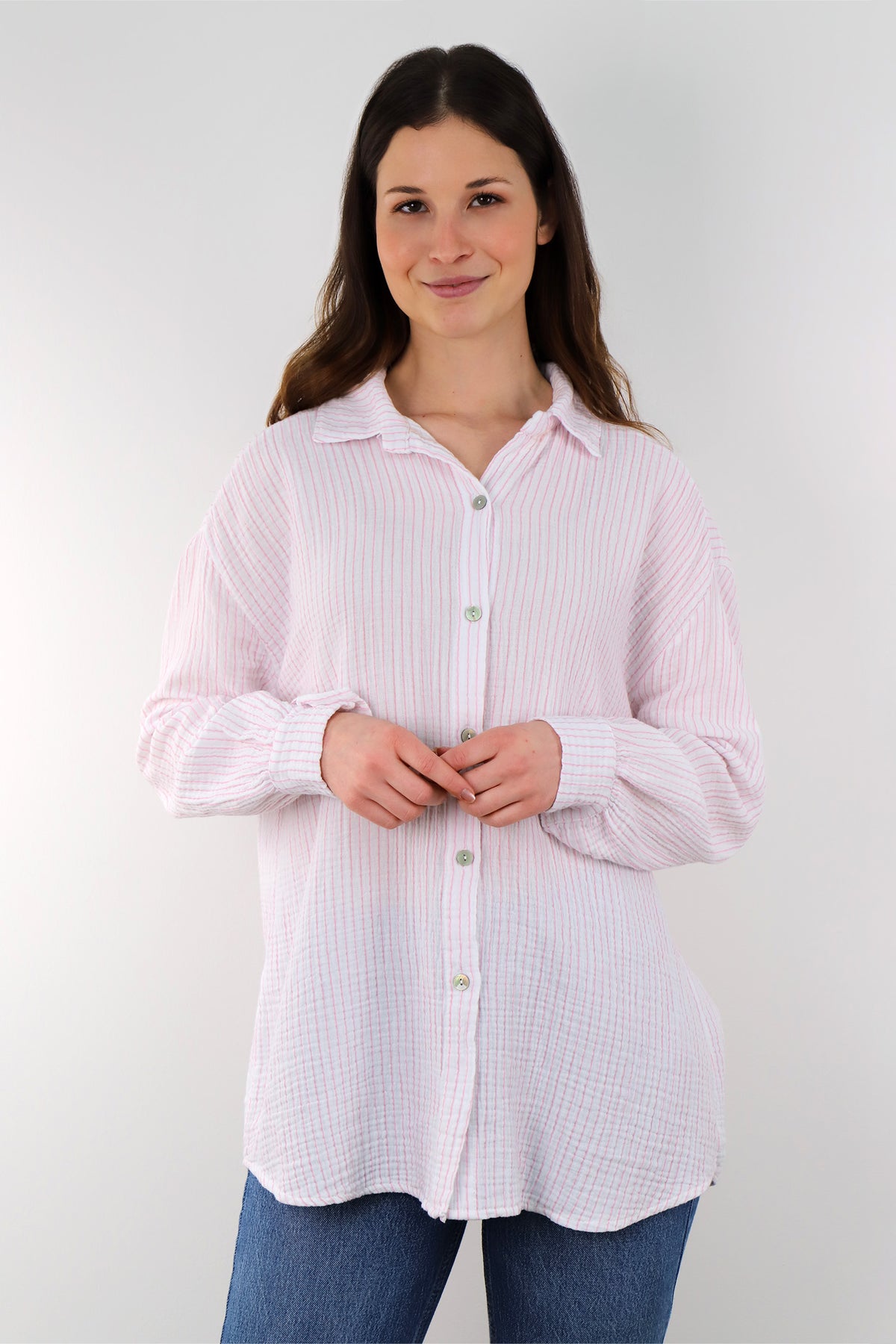 Zwillingsherz - Musselin Bluse mit Streifen - Weiß/Rosa