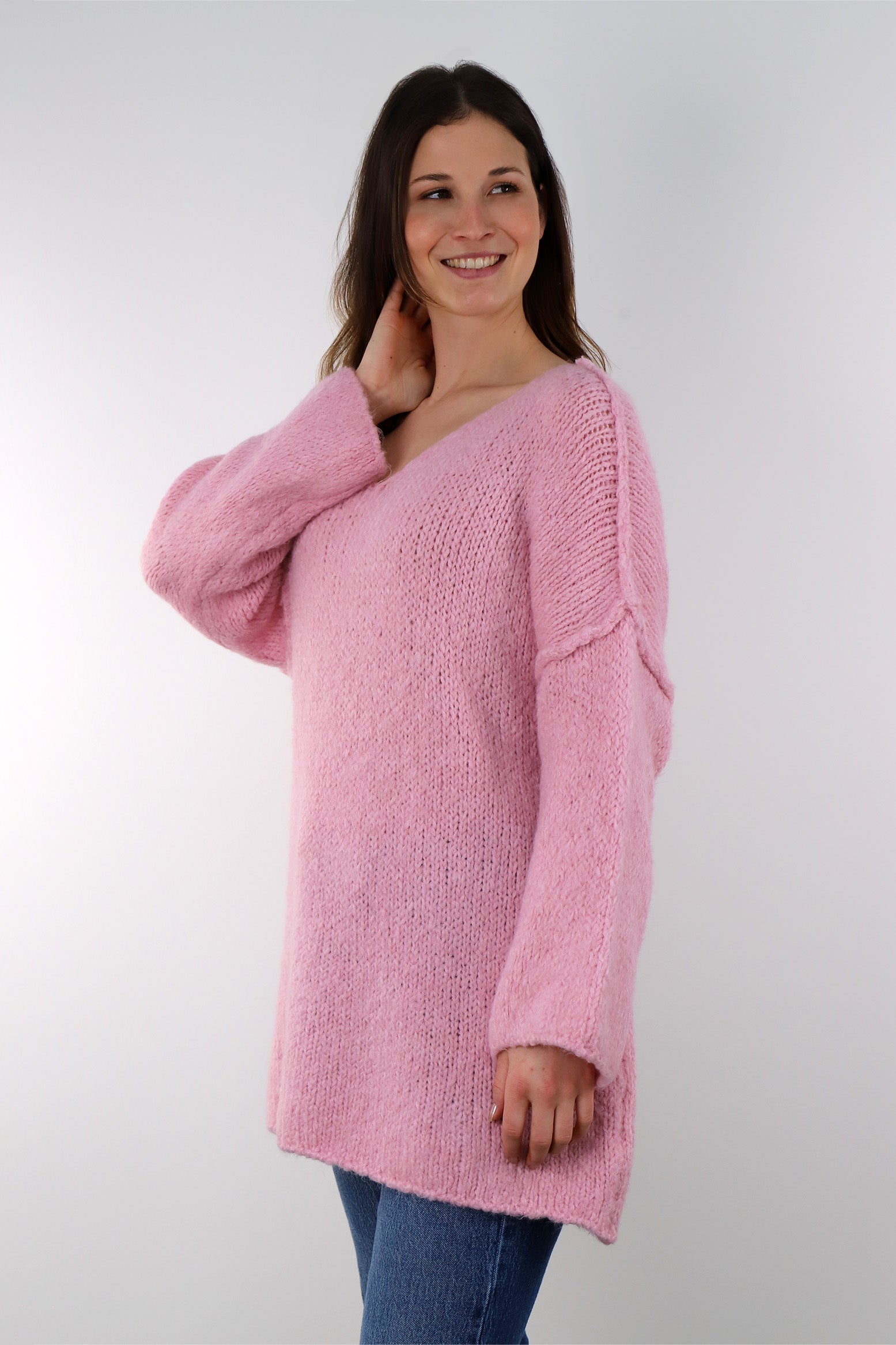 Pullover mit Naht und V-Neck - Pink