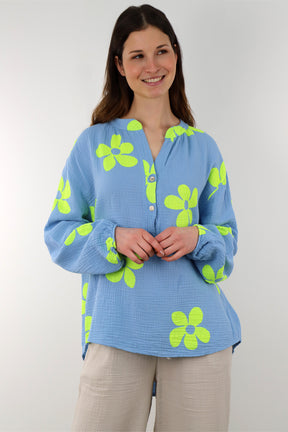 Musselin Bluse mit Blumendruck - Blau/Neongelb