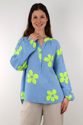 Musselin Bluse mit Blumendruck - Blau/Neongelb