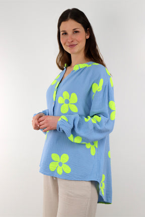 Musselin Bluse mit Blumendruck - Blau/Neongelb