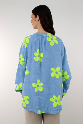 Musselin Bluse mit Blumendruck - Blau/Neongelb