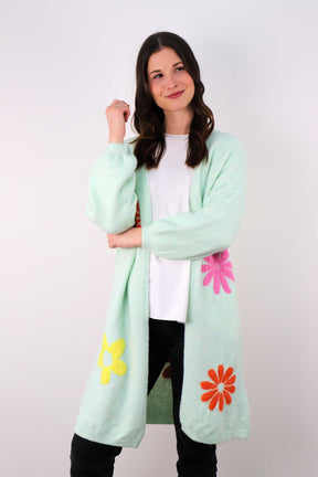 Strickjacke mit Blumen - Mint