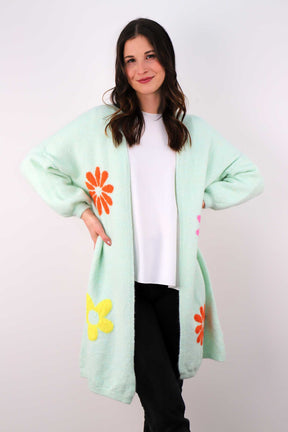 Strickjacke mit Blumen - Mint