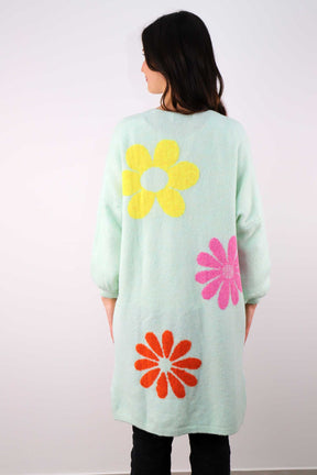 Strickjacke mit Blumen - Mint