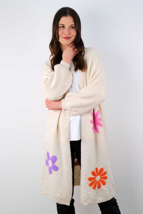 Strickjacke mit Blumen - Creme