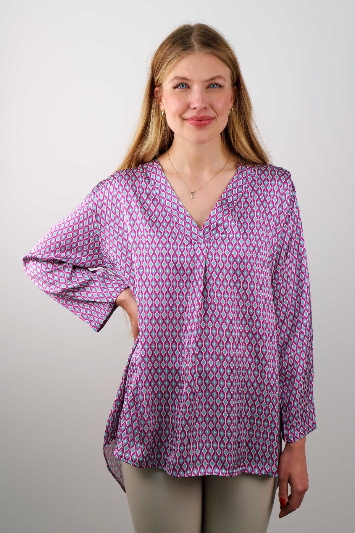 Seiden-Bluse mit Karo Muster - Pink