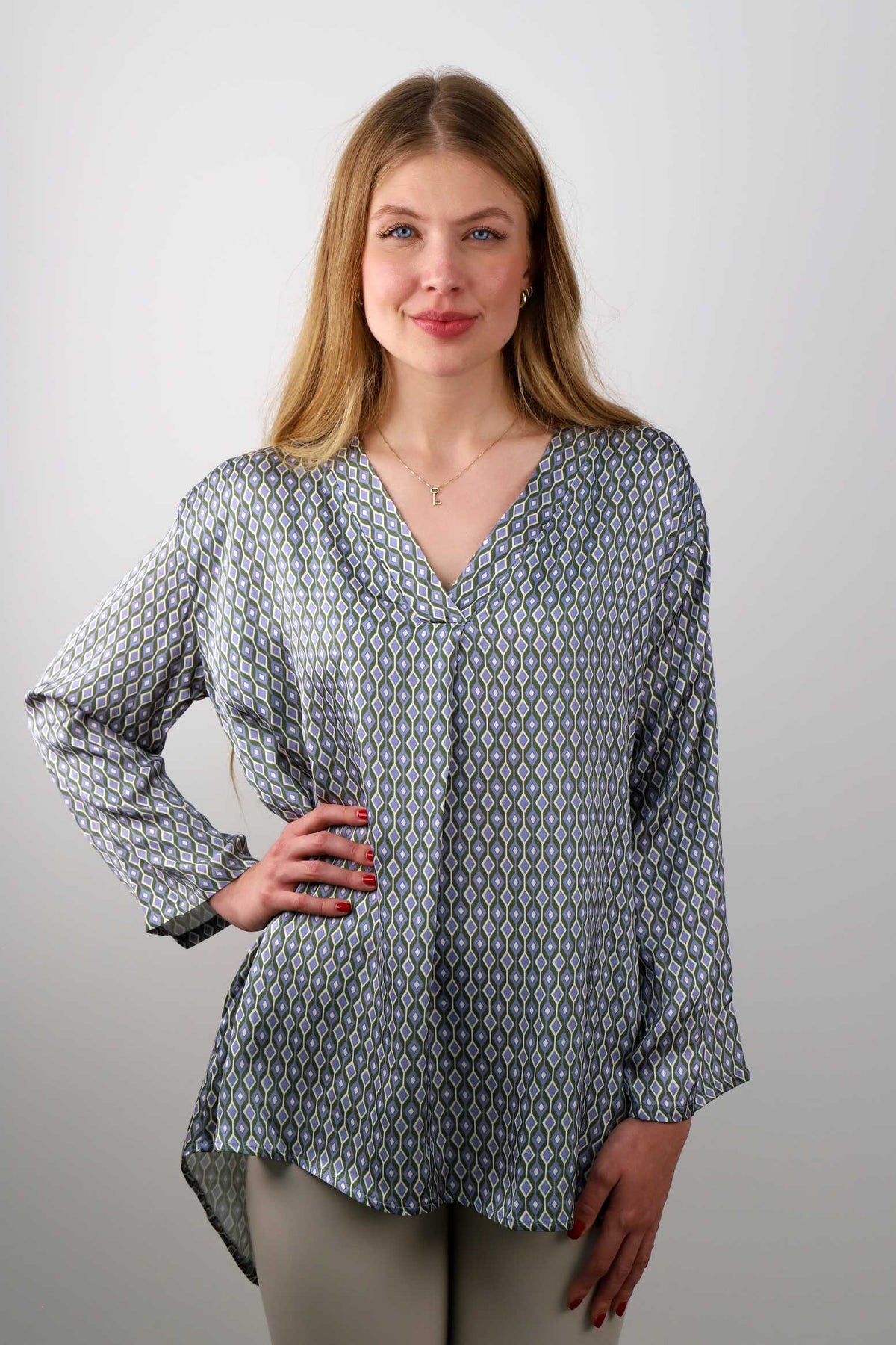Seiden-Bluse mit Karo Muster - Blau