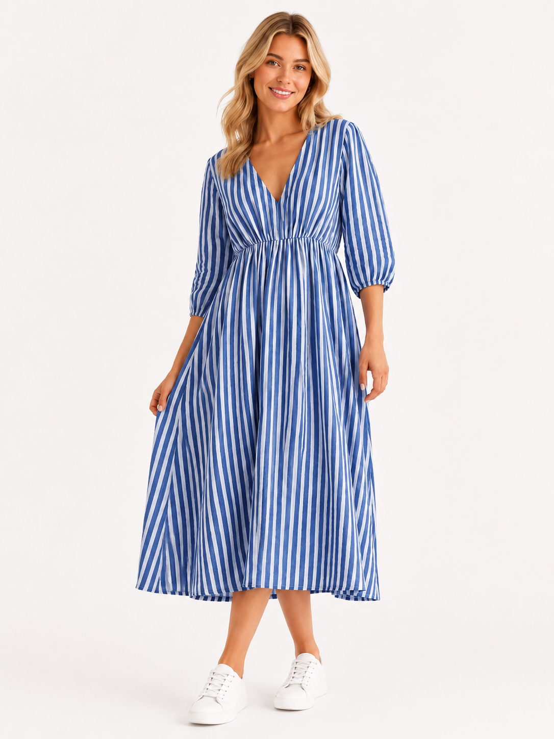 Lockeres Musselin Kleid mit Streifen - Jeansblau
