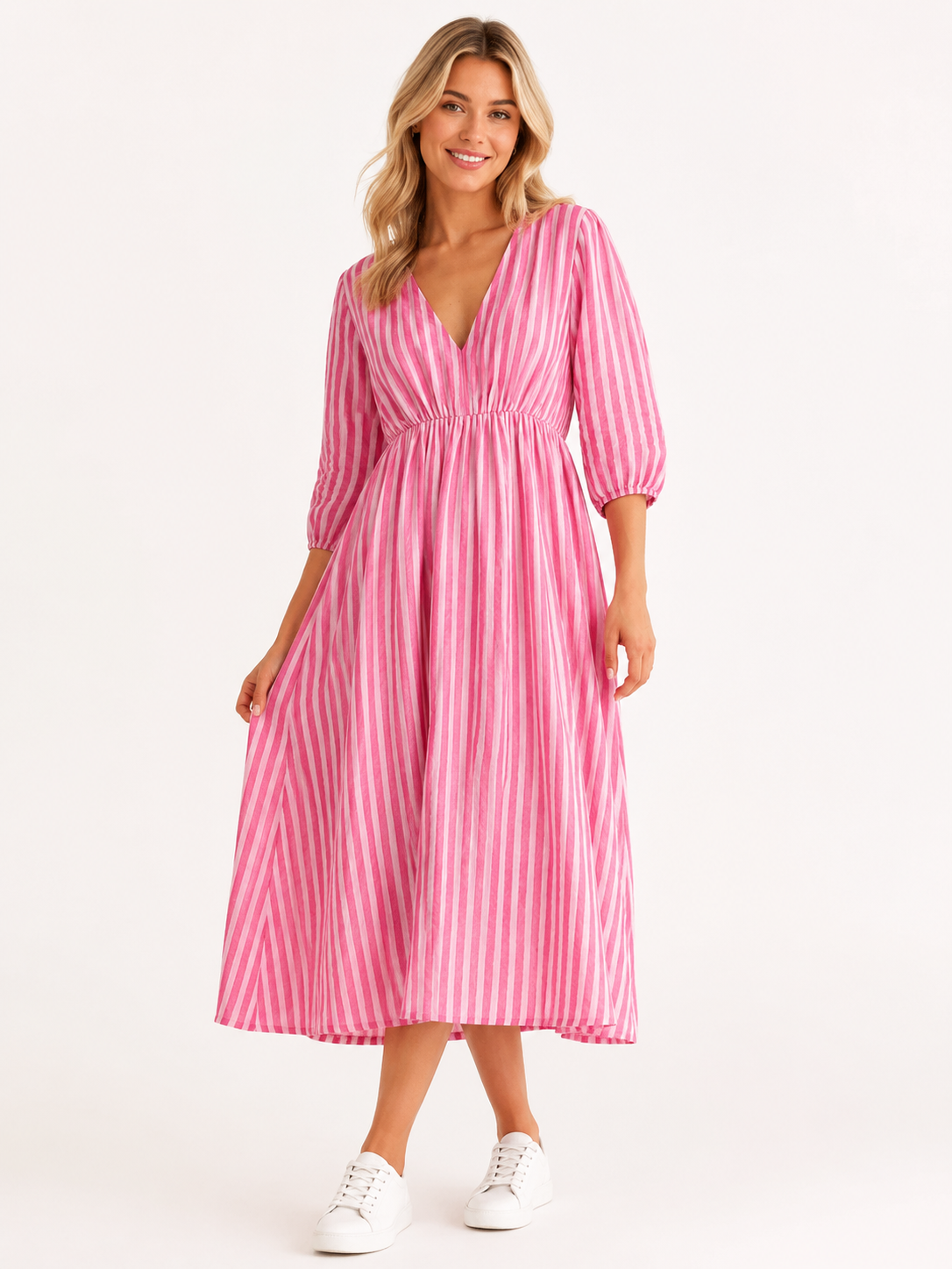 Lockeres Musselin Kleid mit Streifen - Pink