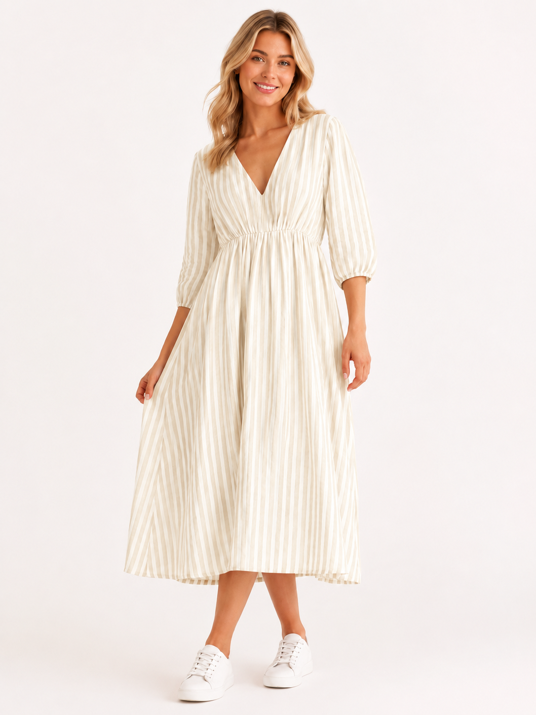 Lockeres Musselin Kleid mit Streifen - Beige