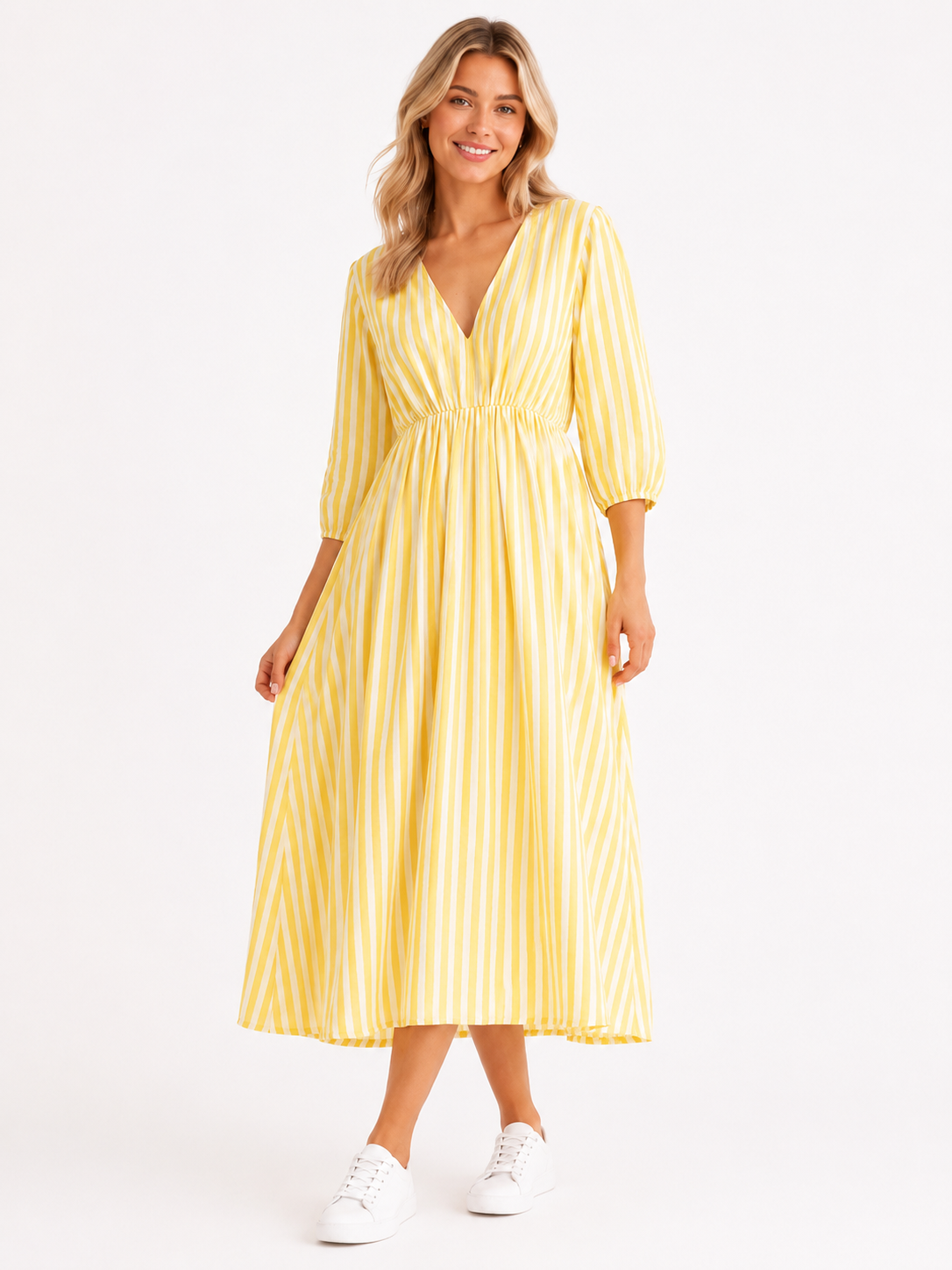 Lockeres Musselin Kleid mit Streifen - Gelb
