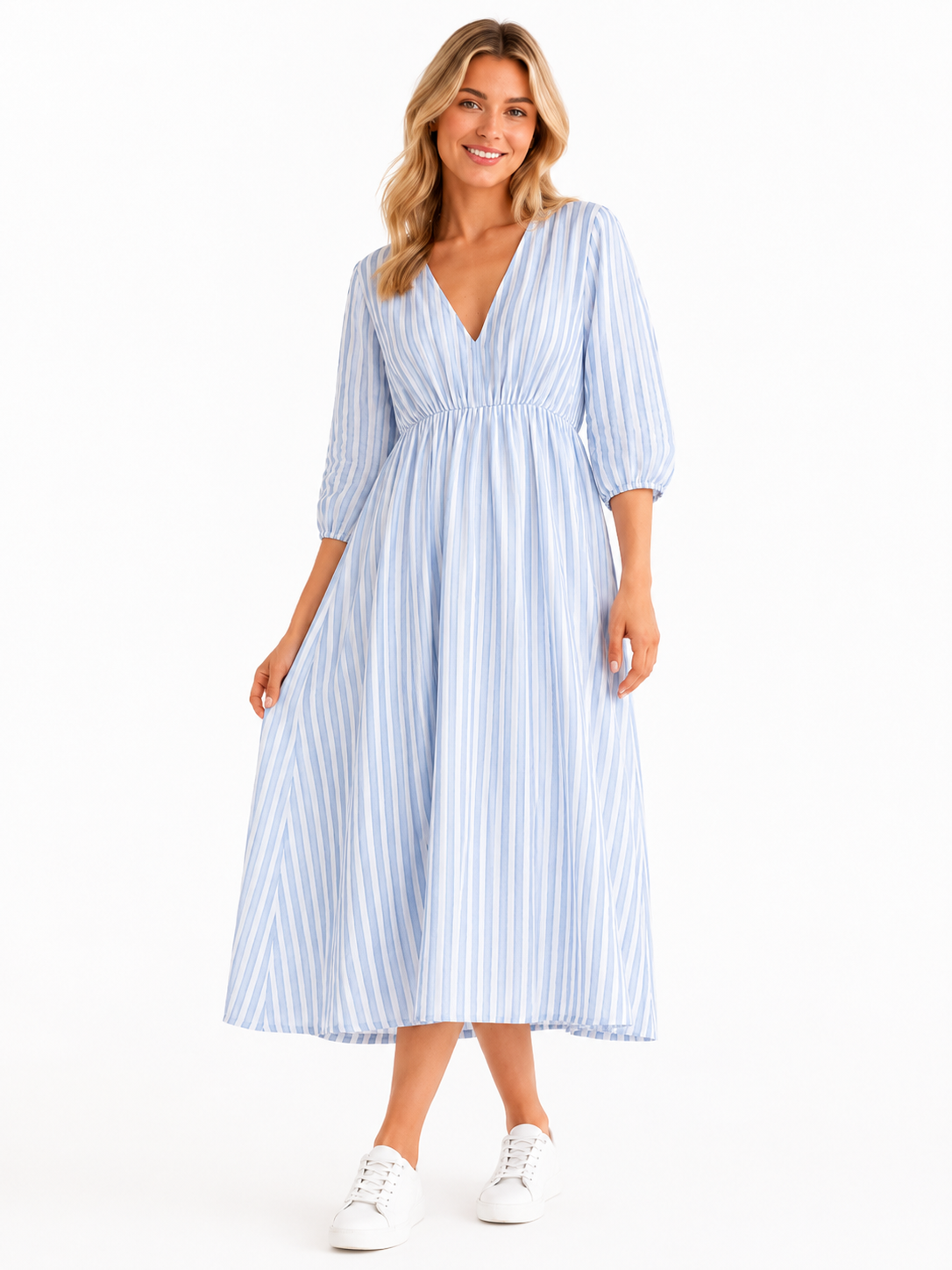Lockeres Musselin Kleid mit Streifen - Hellblau
