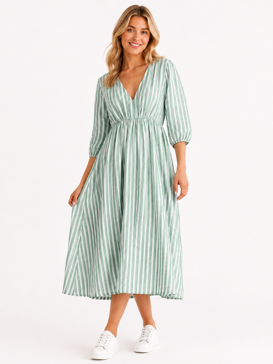 Lockeres Musselin Kleid mit Streifen - Mintgrün