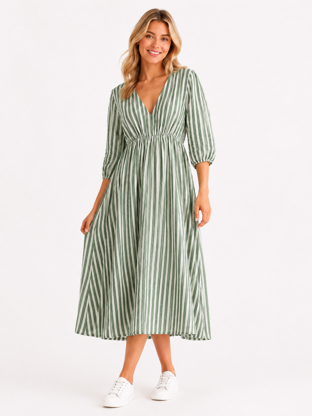 Lockeres Musselin Kleid mit Streifen - Salbei