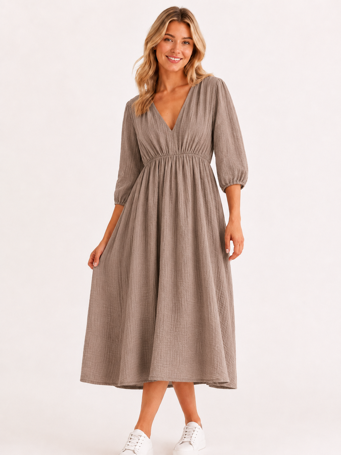 Lockeres Musselin Kleid - Taupe