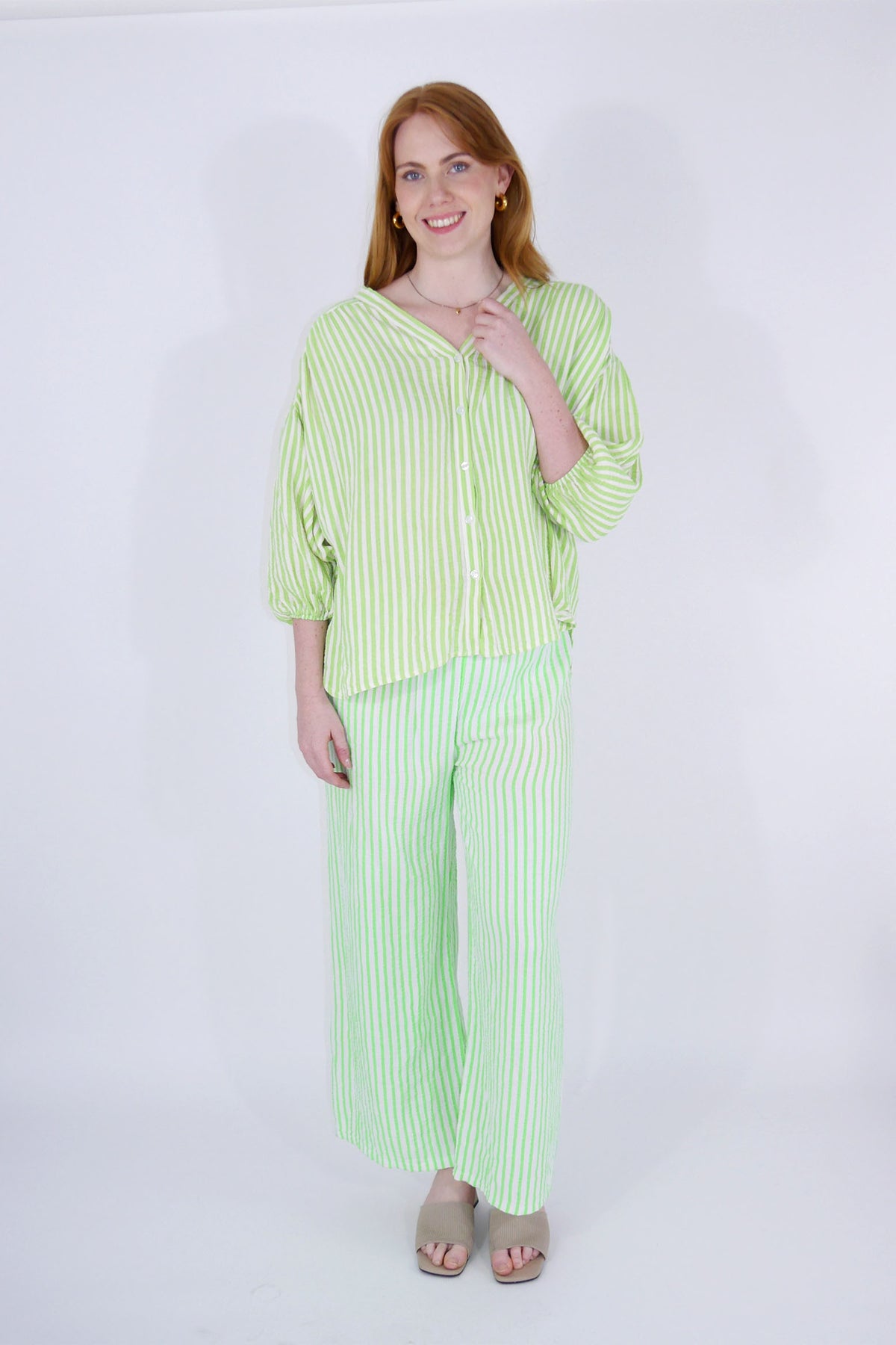 Leinen Hose Streifen mit Gürtel - Neon Lime/Creme