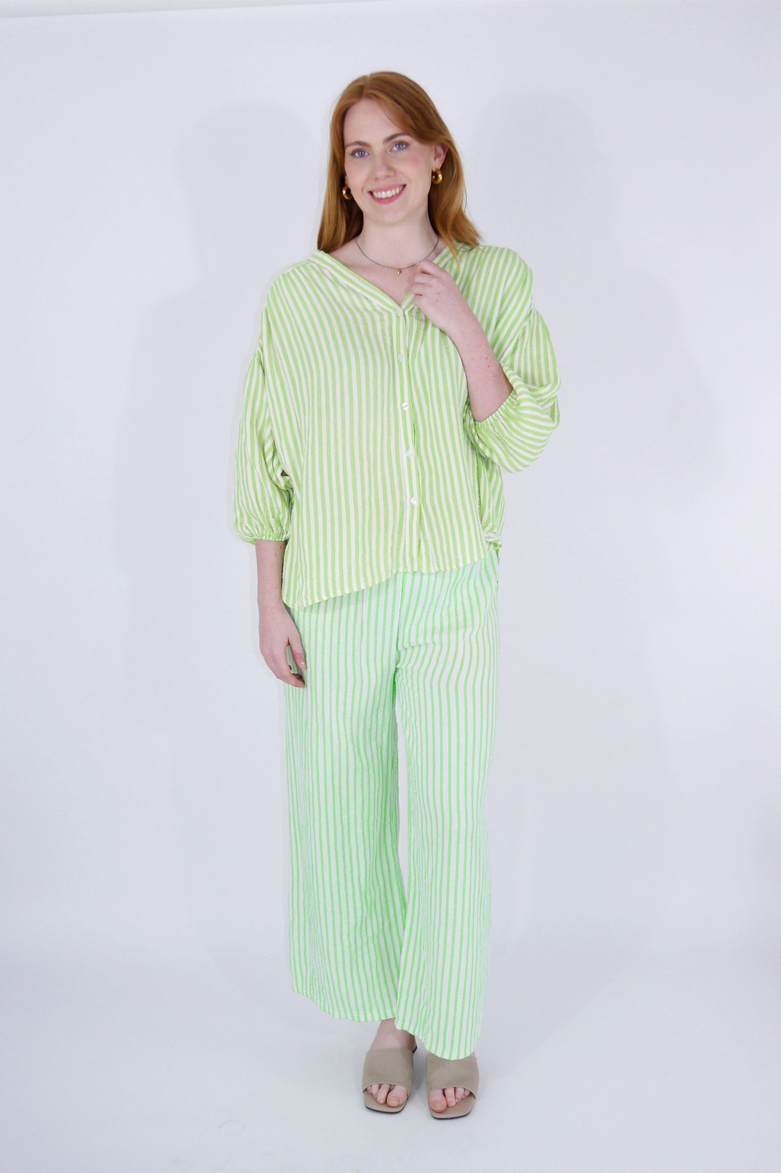 Leinen Hose Streifen mit Gürtel - Neon Lime/Creme