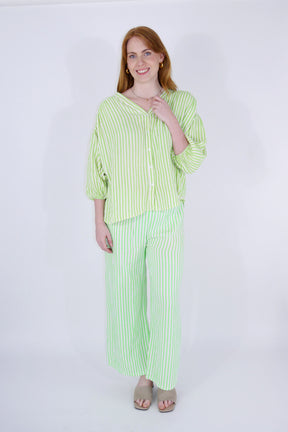 Leinen Hose Streifen mit Gürtel - Neon Lime/Creme
