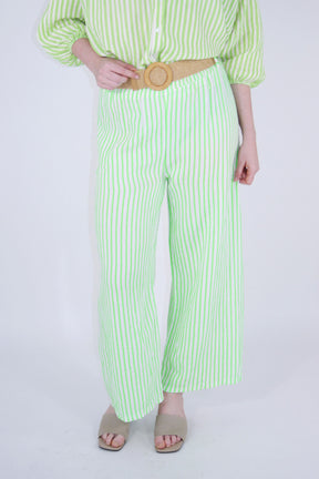 Leinen Hose Streifen mit Gürtel - Neon Lime/Creme