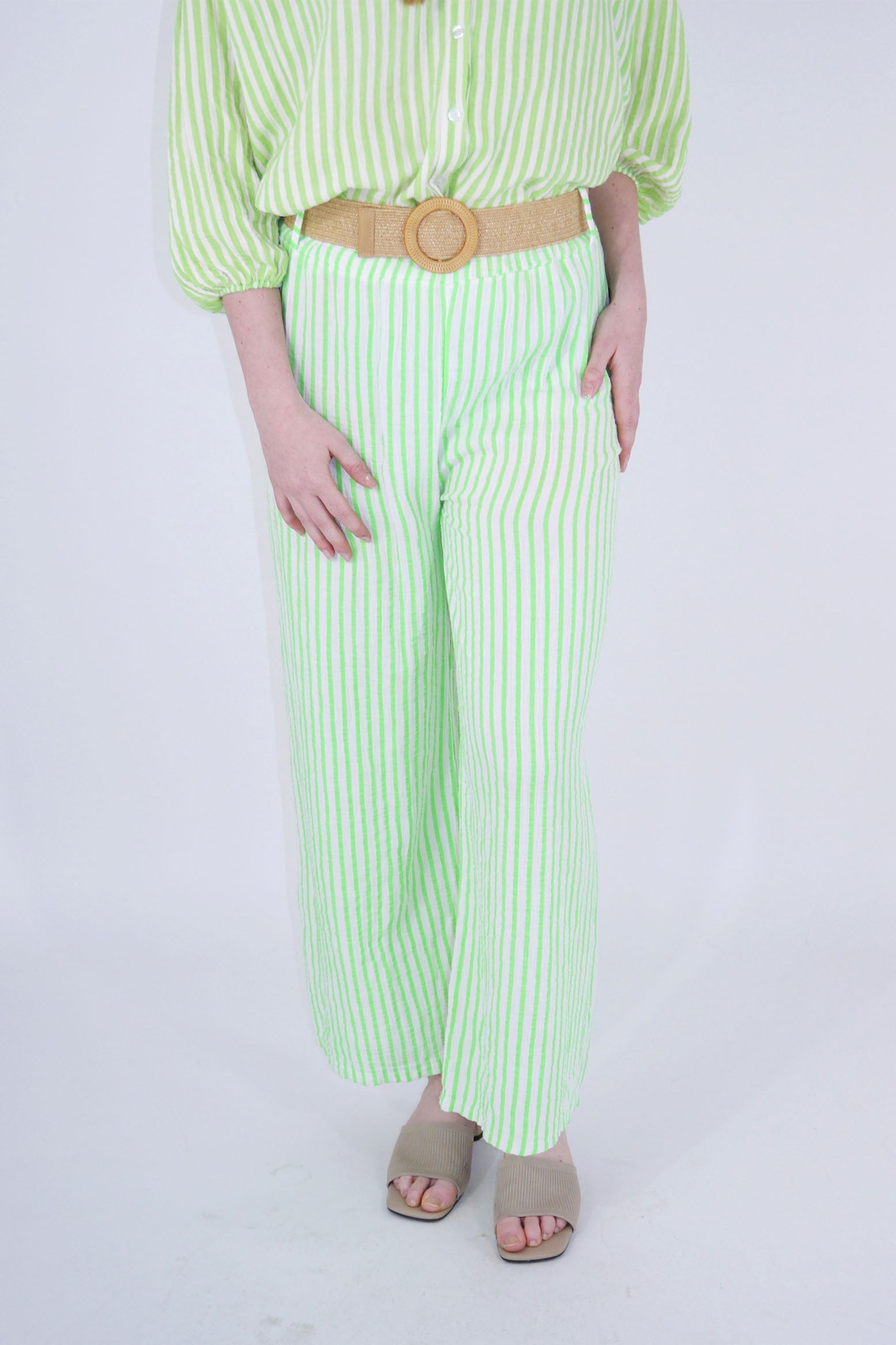 Leinen Hose Streifen mit Gürtel - Neon Lime/Creme