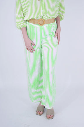 Leinen Hose Streifen mit Gürtel - Neon Lime/Creme