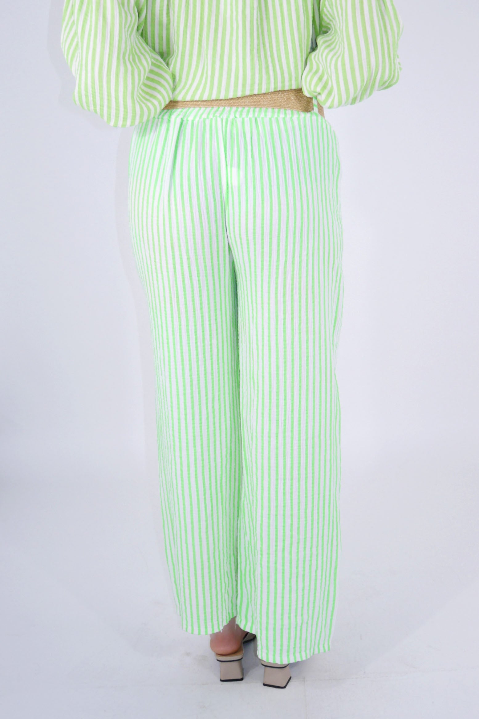 Leinen Hose Streifen mit Gürtel - Neon Lime/Creme