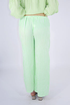 Leinen Hose Streifen mit Gürtel - Neon Lime/Creme