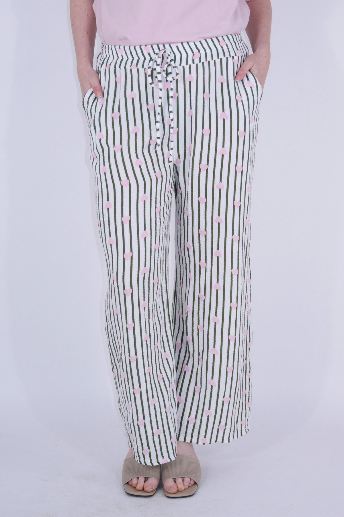 Musselin Hose Streifen & Herzen - Khaki/Creme/Rosa