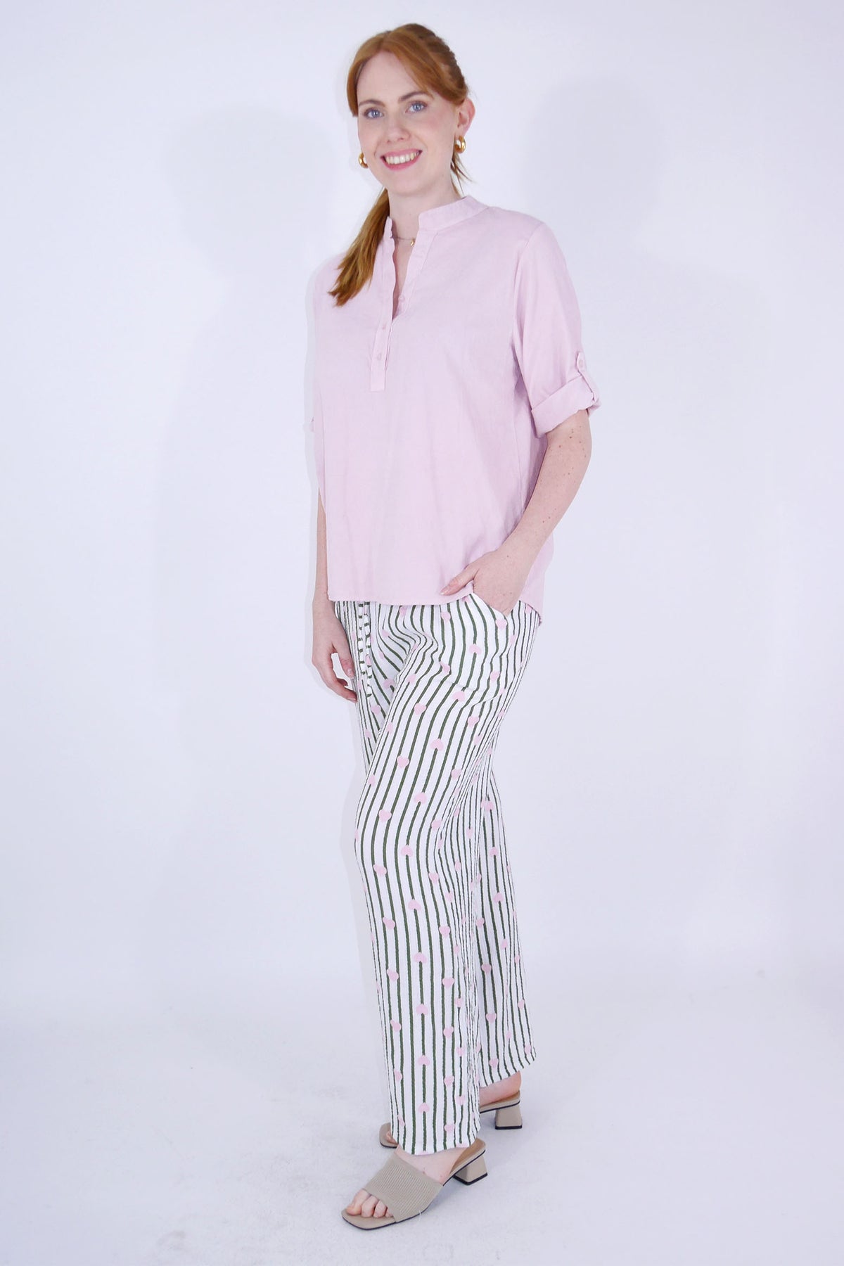 Musselin Hose Streifen & Herzen - Khaki/Creme/Rosa