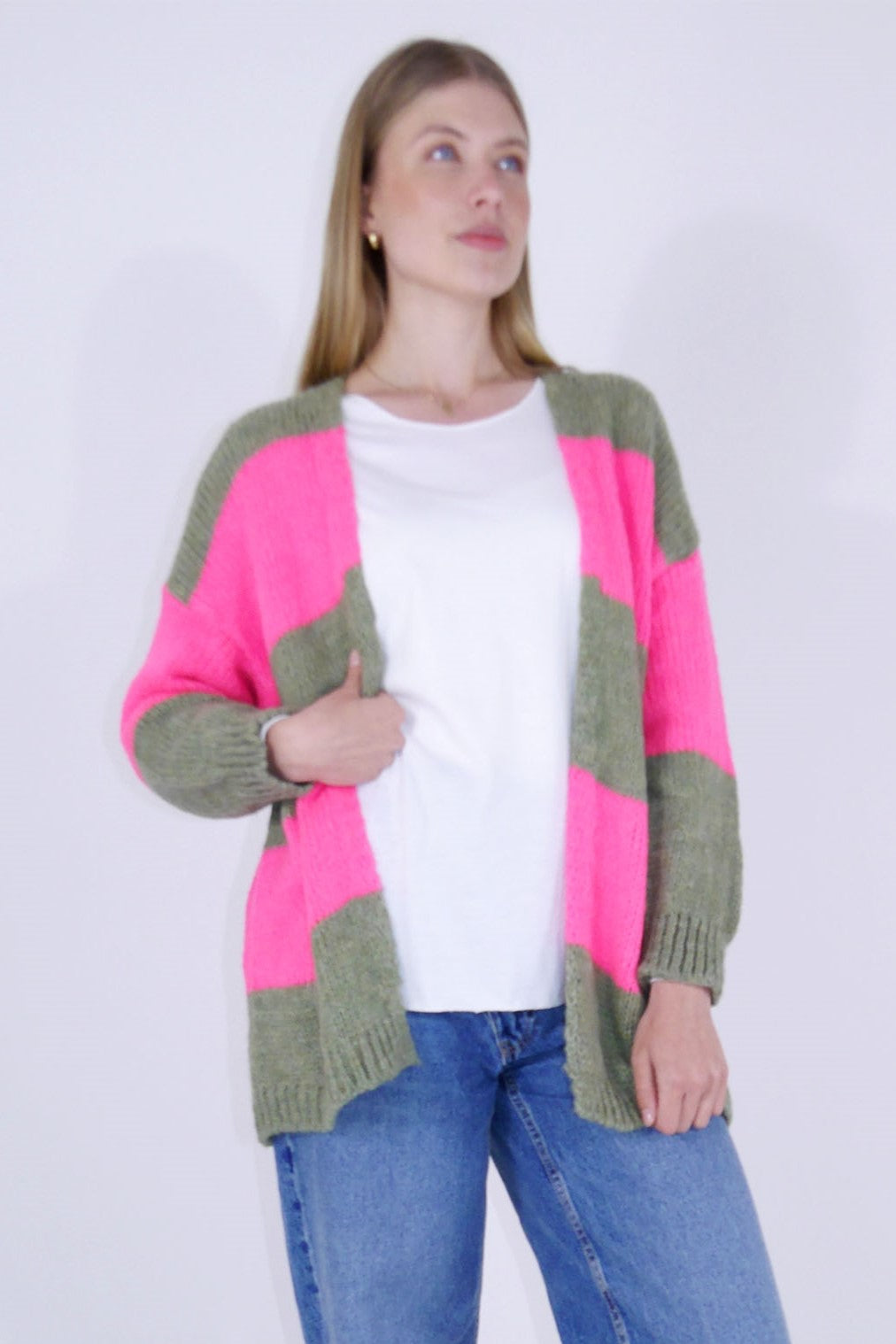 Hochwertige Strickjacke/Cardigan - Khaki/Pink