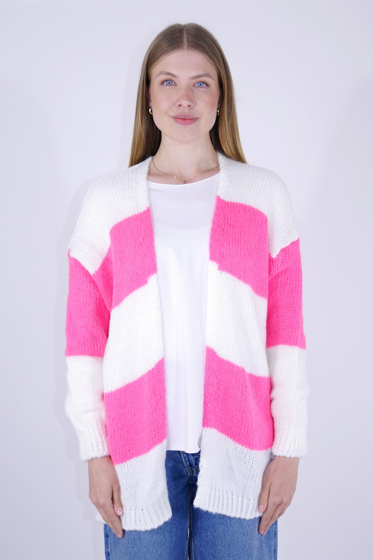 Hochwertige Strickjacke/Cardigan - Weiß/Pink