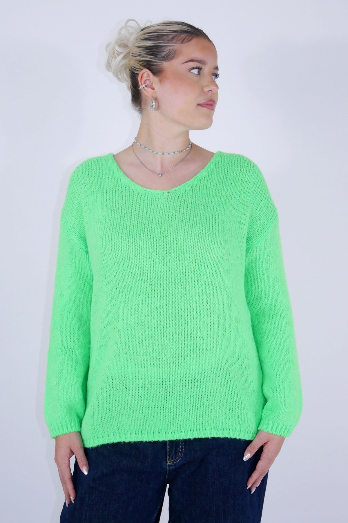 Flair - Strick Pullover mit V-Ausschnitt - Neon Lime-Grün