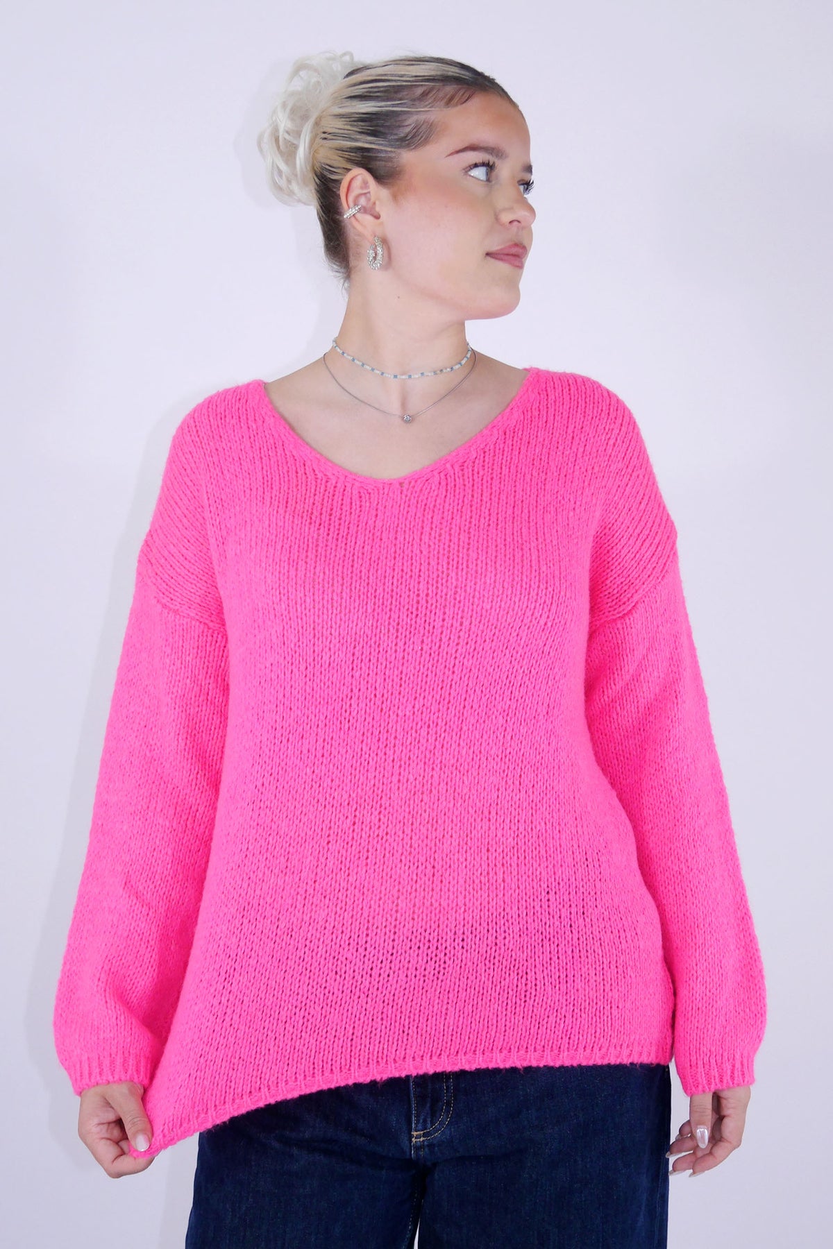 Flair - Strick Pullover mit V-Ausschnitt - Neon Pink