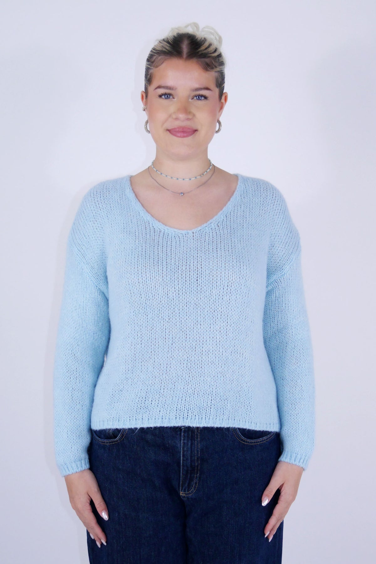 Flair - Strick Pullover mit V-Ausschnitt (kurz) - Hellblau