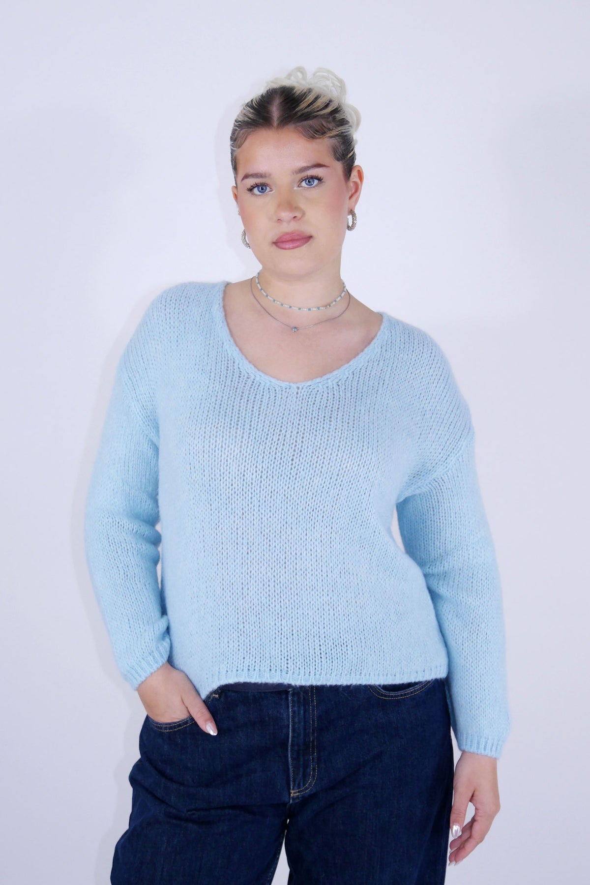 Flair - Strick Pullover mit V-Ausschnitt (kurz) - Hellblau