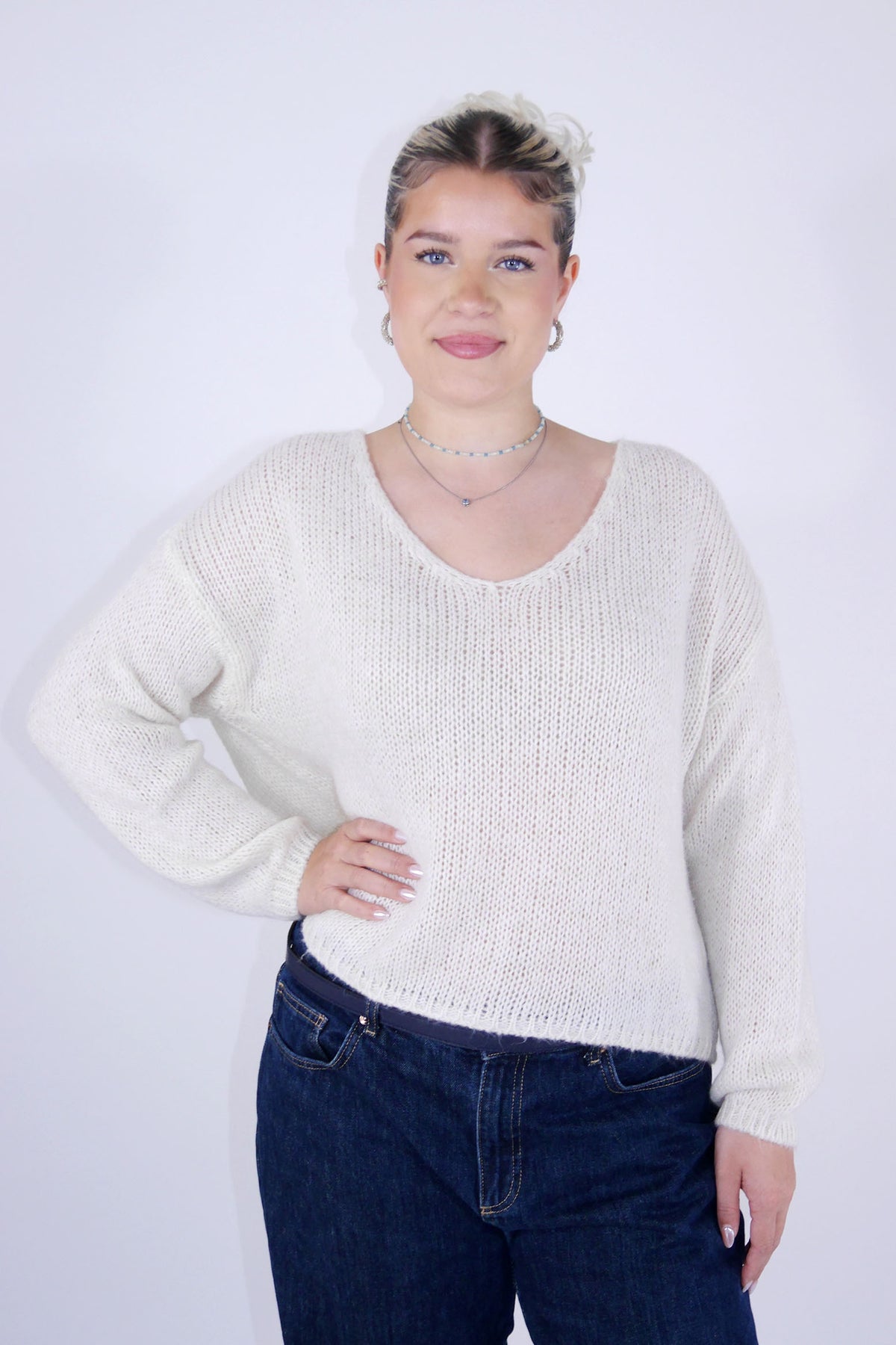 Flair - Strick Pullover mit V-Ausschnitt (kurz) - Beige