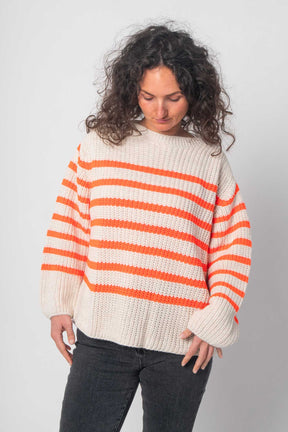 Pullover mit Streifenoptik - Weiß/Orange