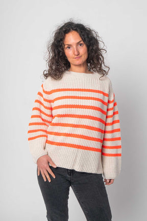 Pullover mit Streifenoptik - Weiß/Orange