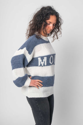 Flair - Pullover "Moin" mit Streifen - Weiß/Blau