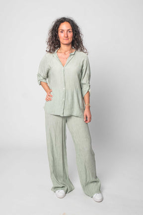 Bequemer Viskose Zweiteiler (Bluse mit Hose) - Mint/Olive