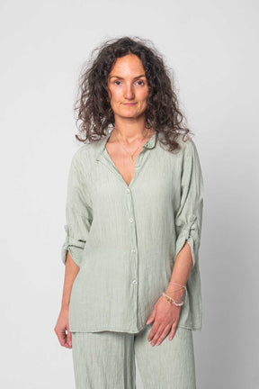 Bequemer Viskose Zweiteiler (Bluse mit Hose) - Mint/Olive