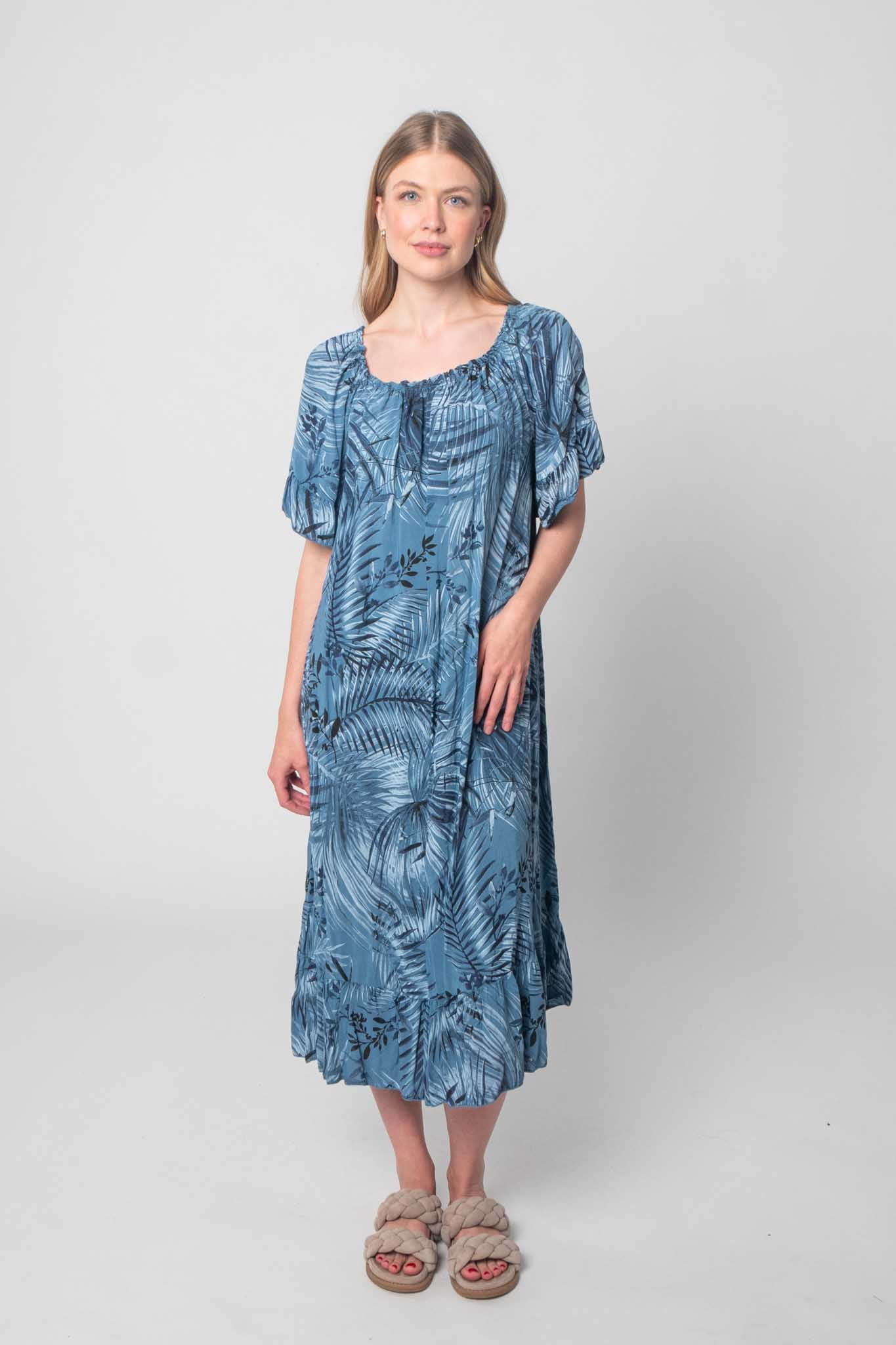 Lockeres Baumwolle Kleid mit Design - Jeansblau