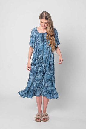 Lockeres Baumwolle Kleid mit Design - Jeansblau