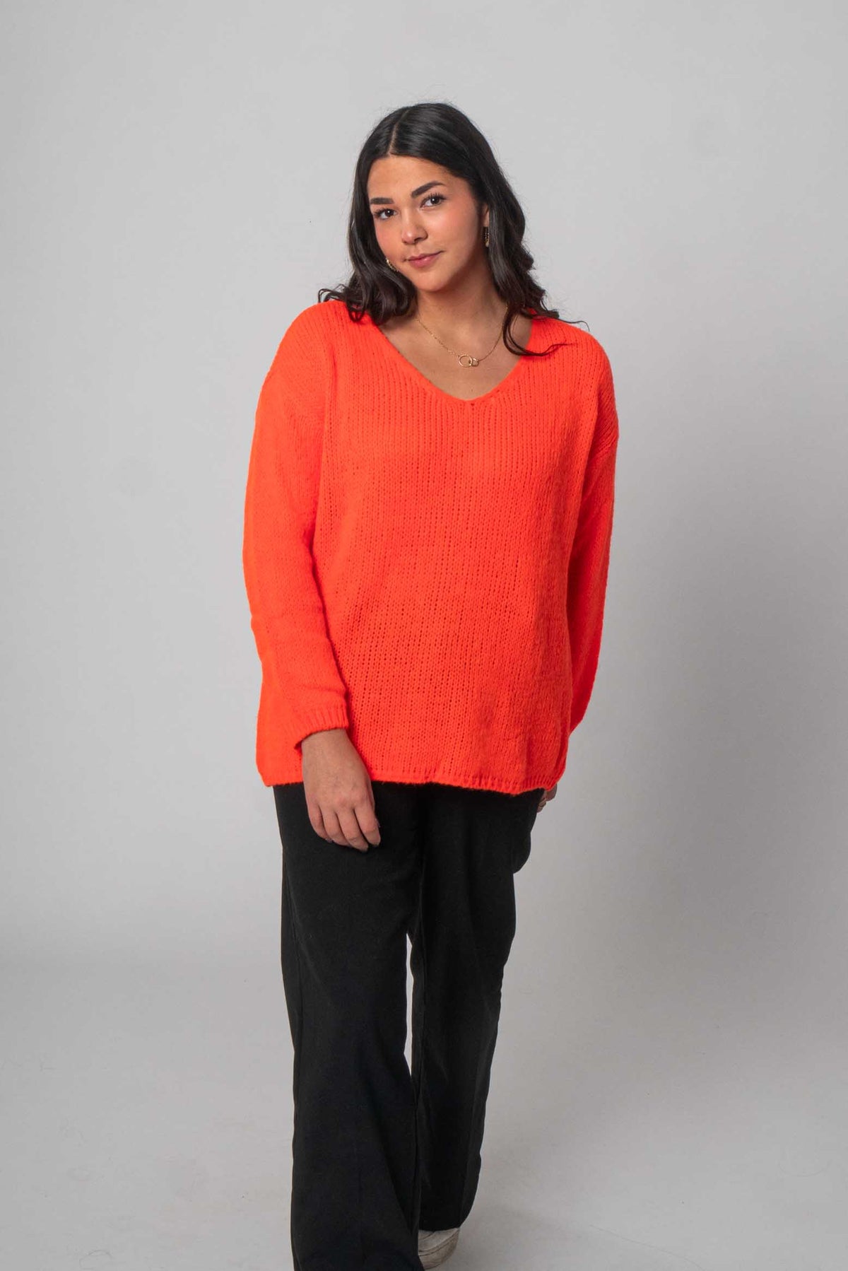 Strick Pullover mit V-Ausschnitt - Orange/Neon