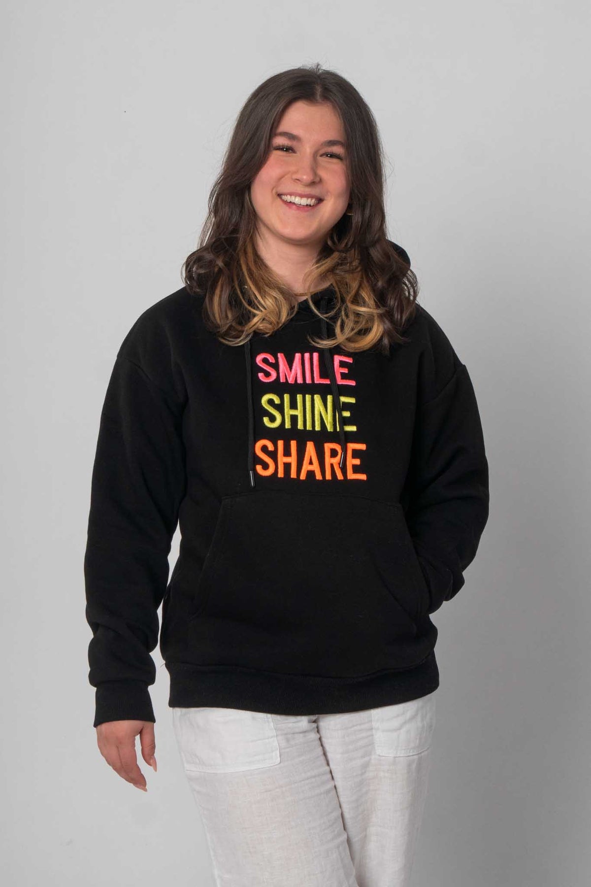 Hoodie/Sweatshirt "Smile - Shine - Share" - Schwarz/Neon