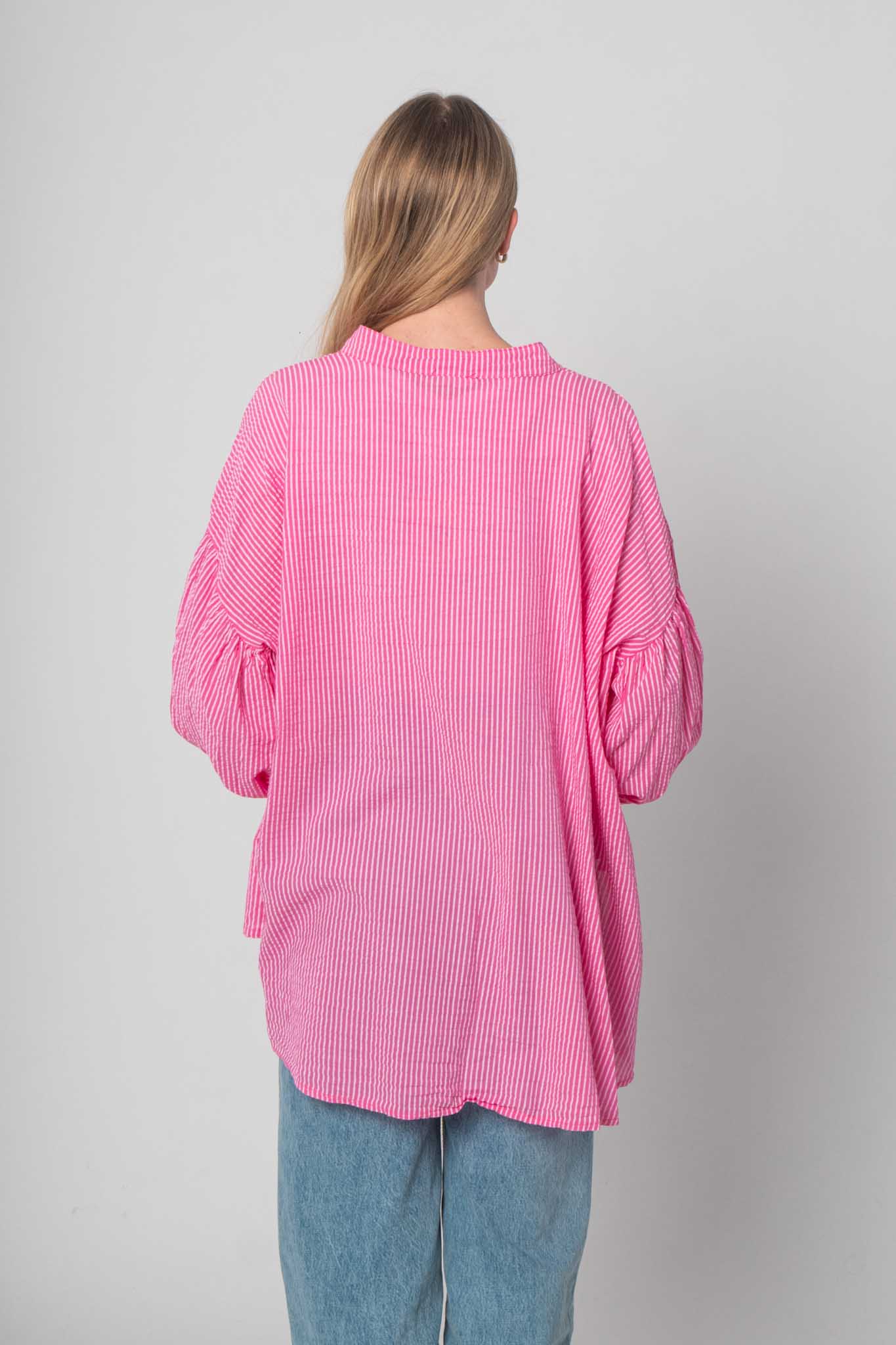 Musselin Bluse mit feinen Streifen - Pink/Weiß