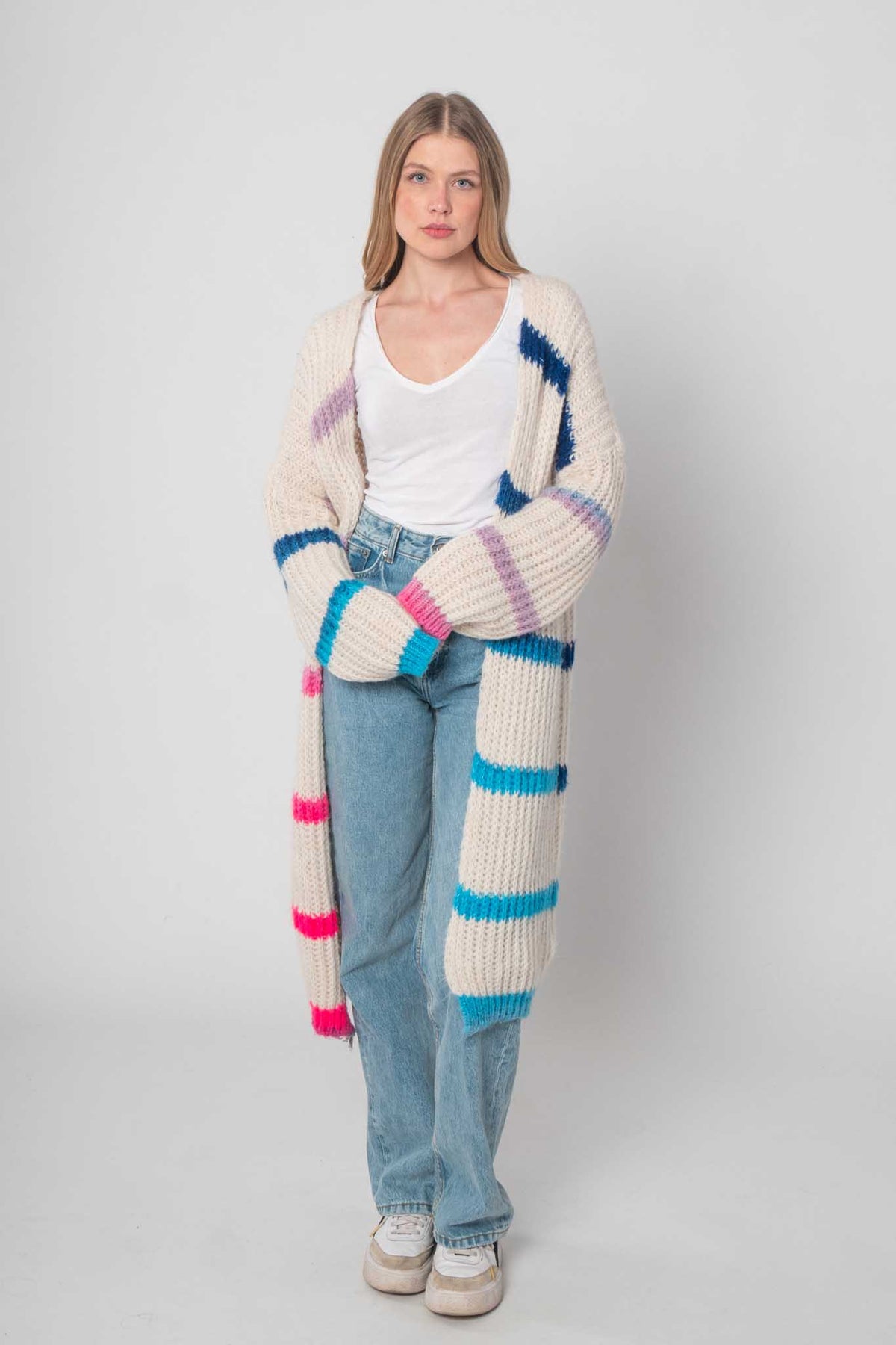 Flair - Strickjacke mit Streifen Weiß/Pink/Blau