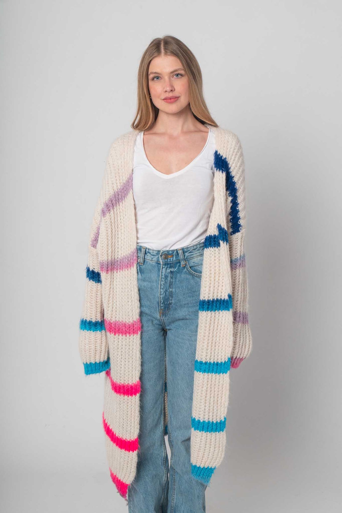 Flair - Strickjacke mit Streifen Weiß/Pink/Blau